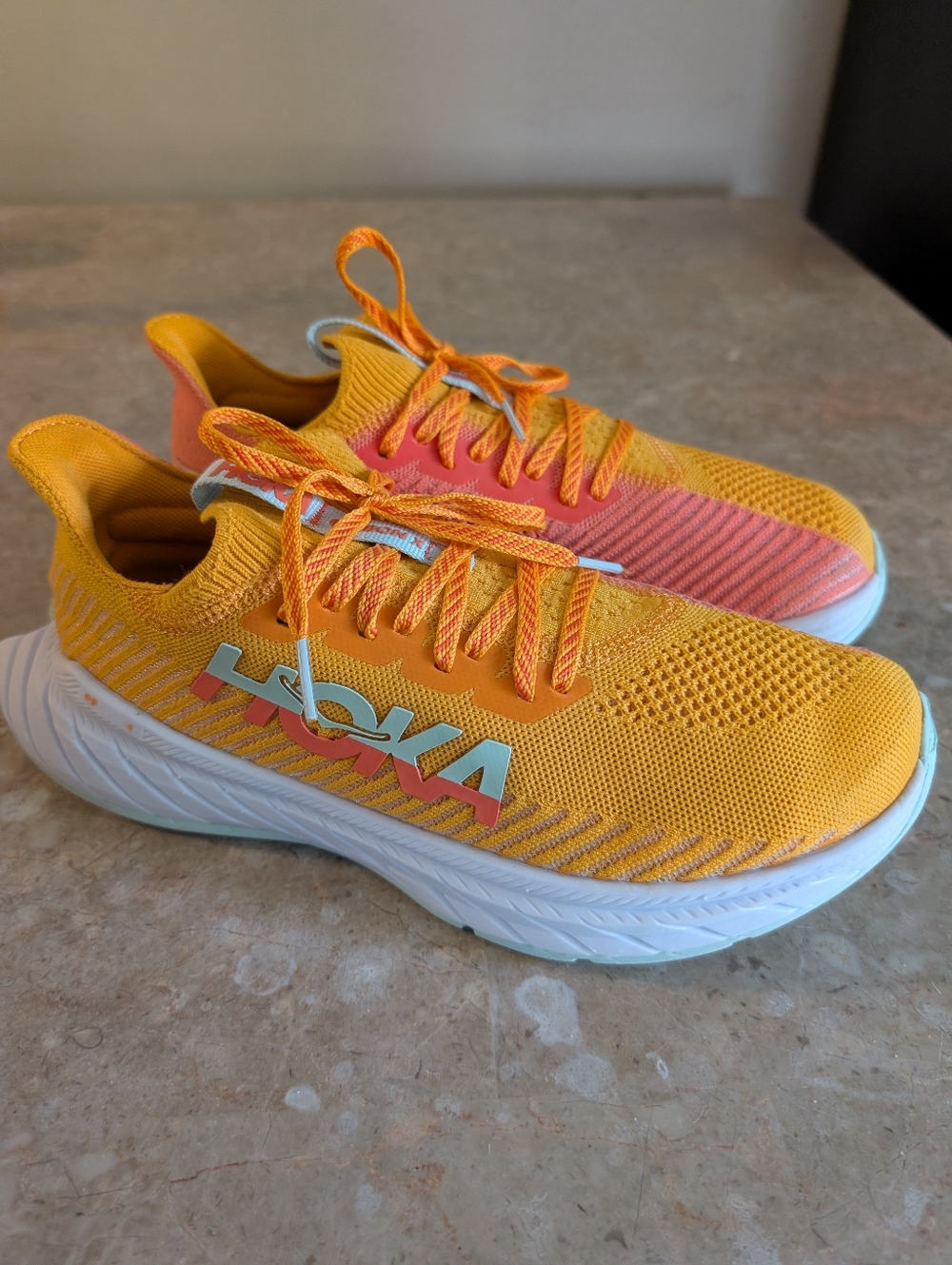 Hoka Women's Yellow and Coral Knit Running Sneakers